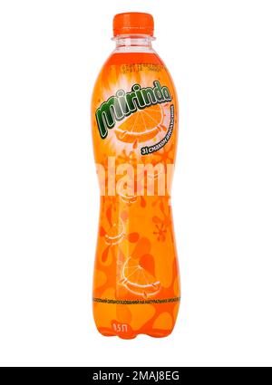 CHISINAU, MOLDOVA- January 27, 2016,. Mirinda plastic bottle isolated on white background. Mirinda is a carbonated soft drink that is produced and man Stock Photo