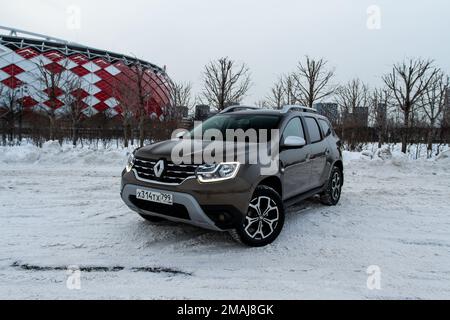 MOSCOW, RUSSIA - JANUARY 09, 2022 Renault Duster (Second generation), subcompact SUV car. Exterior front-side view. Renault Duster model with all-whee Stock Photo