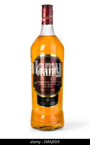 Chisinau, Moldova November 10, 2016: Grants blended cask editions whiskey isolated on white background. Grants has been produced by William Grant and Stock Photo