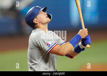 Texas Rangers' Josh Jung bats during the fifth inning of a baseball game  Friday, Sept. 9, 2022, in Arlington, Texas. (AP Photo/Michael Ainsworth  Stock Photo - Alamy