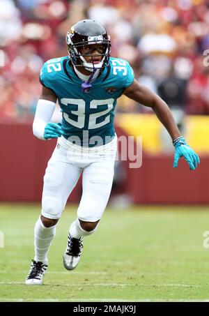 Jacksonville Jaguars cornerback Tyson Campbell (32) runs onto the field for  an NFL football game against the Tennessee Titans, Saturday, Jan. 7, 2023,  in Jacksonville, Fla. The Jaguars defeated the Titans 20-16. (