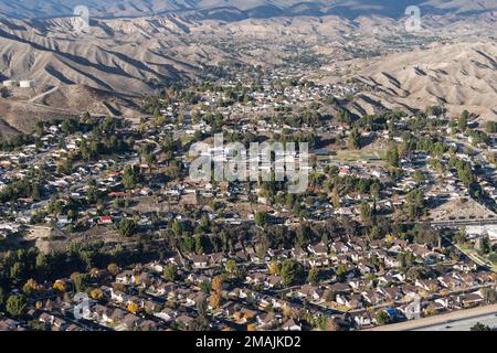 Aerial view of suburban sprawl in the Canyon Country community in the Santa Clarita Valley near Los Angeles California. Stock Photo