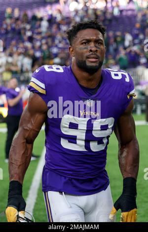 Minnesota Vikings linebacker Danielle Hunter (99) reacts after a play  during the second half of an NFL wild-card football game against the New  York Giants, Sunday, Jan. 15, 2023 in Minneapolis. (AP