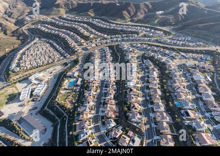 Aerial view of modern housing tracts in the Santa Clarita community of Los Angeles County, California. Stock Photo