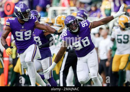 Minnesota Vikings linebacker Danielle Hunter (99) reacts after a play  during the second half of an NFL wild-card football game against the New  York Giants, Sunday, Jan. 15, 2023 in Minneapolis. (AP