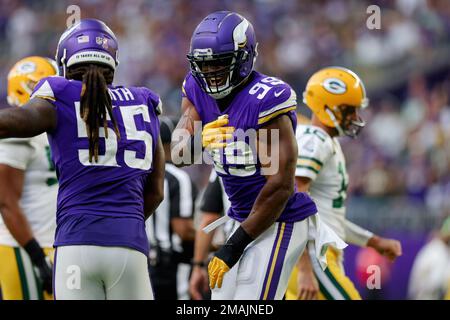 Minnesota Vikings linebacker Danielle Hunter (99) reacts after a play  during the second half of an NFL wild-card football game against the New  York Giants, Sunday, Jan. 15, 2023 in Minneapolis. (AP