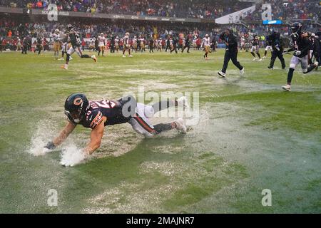 Chicago Bears linebacker Sterling Weatherford tackles New England Patriots  cornerback Marcus Jones (25) during the second half of an NFL football  game, Monday, Oct. 24, 2022, in Foxborough, Mass. (AP Photo/Michael Dwyer