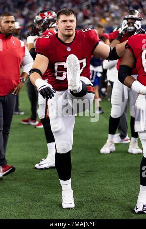 Tampa Bay Buccaneers guard Luke Goedeke (67) prepares to make a block  during the second half of an NFL football game against the Minnesota  Vikings, Sunday, Sept. 10, 2023, in Minneapolis. (AP