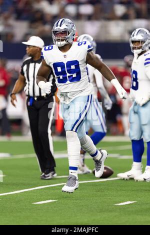 Dallas Cowboys defensive end Chauncey Golston (59) walks off the field  after the playing the Philadelphia Eagles in an NFL football game in  Arlington, Texas, Monday, Sept. 27, 2021. (AP Photo/Ron Jenkins