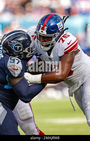 New York Giants guard Joshua Ezeudu (75) takes the field to face the  Detroit Lions in an NFL football game Sunday, Nov. 20, 2022, in East  Rutherford, N.J. (AP Photo/Adam Hunger Stock