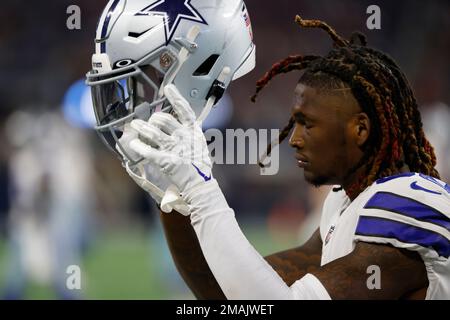 A detail of Dallas Cowboys wide receiver Simi Fehoko (81)'s helmet is seen  before an NFL football game against the Los Angeles Rams Sunday, Oct. 9,  2022, in Inglewood, Calif. (AP Photo/Kyusung