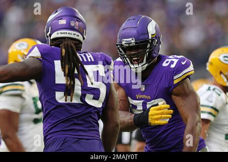 Minnesota Vikings linebacker Danielle Hunter (99) reacts after a play  during the second half of an NFL wild-card football game against the New  York Giants, Sunday, Jan. 15, 2023 in Minneapolis. (AP