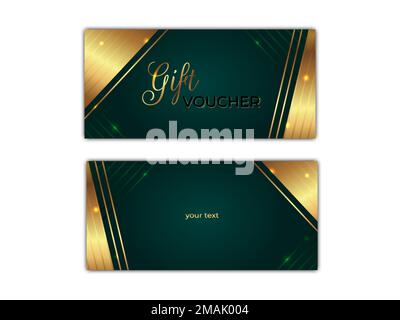 Gift voucher template. Luxury green certificate cover with shiny golden decor elements. Vector illustration of gift coupon with abstract rich backgrou Stock Vector