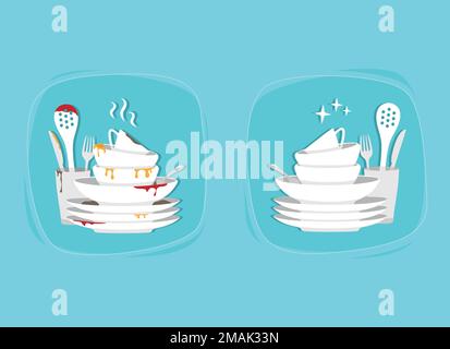 Clean and dirty plate, bowl, dirt and leftovers. Isolated vestor illustration, before and after Stock Vector