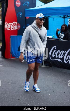 Carolina Panthers linebacker Damien Wilson watches during the first have of  an NFL preseason football game against the Buffalo Bills on Friday, Aug.  26, 2022, in Charlotte, N.C. (AP Photo/Jacob Kupferman Stock