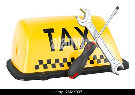 Taxi car signboard with screwdriver and wrench, 3D rendering isolated on white background Stock Photo