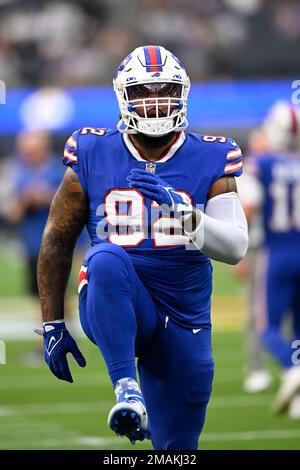 Buffalo Bills defensive tackle DaQuan Jones (92) walks off the field after  an NFL football game against the Kansas City Chiefs Sunday, Oct. 16, 2022,  in Kansas City, Mo. (AP Photo/Peter Aiken