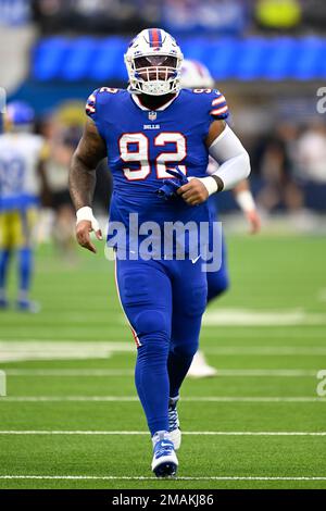 Buffalo Bills defensive tackle DaQuan Jones (92) walks off the field after  an NFL football game against the Kansas City Chiefs Sunday, Oct. 16, 2022,  in Kansas City, Mo. (AP Photo/Peter Aiken