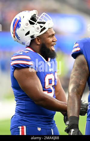 Buffalo Bills defensive tackle DaQuan Jones (92) walks off the field after  an NFL football game against the Kansas City Chiefs Sunday, Oct. 16, 2022,  in Kansas City, Mo. (AP Photo/Peter Aiken