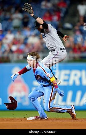 Philadelphia Phillies' Bryson Stott, left, and Nick Maton celebrate after a  baseball game against the Cincinnati Reds, Monday, Aug. 22, 2022, in  Philadelphia. (AP Photo/Matt Slocum Stock Photo - Alamy