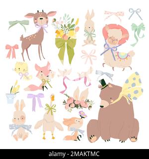 Funny Cartoon Animals with Ribbons on White Background Stock Vector
