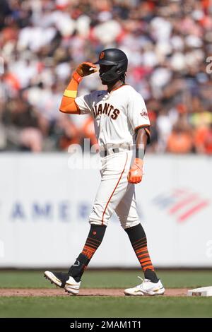 San Francisco Giants' Lewis Brinson, from left, celebrates with