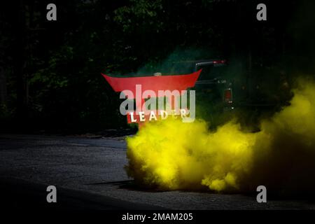 1st Battalion, 187th Infantry Regiment, 3rd Brigade Combat Team “Rakkasans,” 101st Airborne Division (Air Assault) smokes their unit symbol at Camp Natural Bridge, in West Point, Ny., May 29, 2022. The smoke, combined with the symbol, symbolizes that the end of a ruck is close to motivate the Cadets with the United States Military Academy. Stock Photo