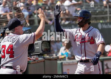 Atlanta, GA, USA. 07th Sep, 2020. Braves shortstop Dansby Swanson (right)  talks with third baseman Austin Riley (left) as they walk towards the  dugout during the sixth inning of a MLB game