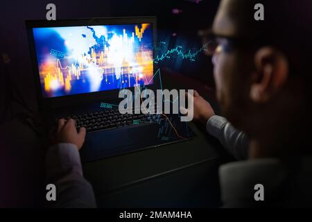Checking price chart on digital exchange. Forex trading agency worker agent reviewing profits growth. Another crisis is coming and prices on the charts are falling down. finance business stock exchange graph chart, crypto, blockchain data analytics report analyzing. business man working on financial report. Binar. stockbroker. . High quality photo Stock Photo