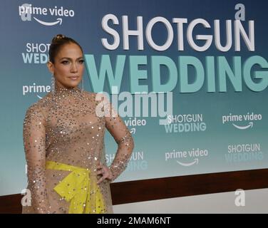 Los Angeles, United States. 18th Jan, 2023. Cast member Jennifer Lopez attends the premiere of the motion picture romantic comedy 'Shotgun Wedding' at the TCL Chinese Theatre in the Hollywood section of Los Angeles on Wednesday, January 18, 2023. Storyline: A couple's extravagant destination wedding is hijacked by criminals. In the process of saving their families, they rediscover why they fell in love in the first place. Photo by Jim Ruymen/UPI. Credit: UPI/Alamy Live News Stock Photo