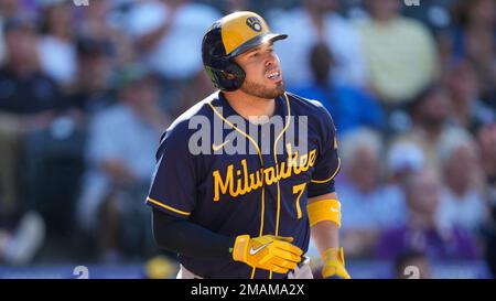 Arizona Diamondbacks third baseman Evan Longoria (3) in the fourth inning  of a baseball game Friday, April 28, 2023, in Denver. (AP Photo/David  Zalubowski Stock Photo - Alamy