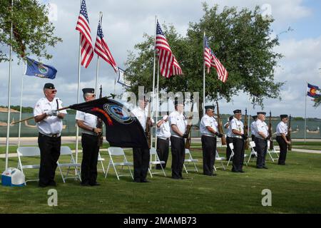 Members of the Fort Sam Houston Memorial Service Detachment present arms during the Memorial Day ceremony at the Fort Sam Houston Cemetery on Joint Base San Antonio - Fort Sam Houston, Texas, May 30, 2022. The Memorial Day ceremony was held to honor all fallen military members who died during their service in the U.S. Armed Forces. Stock Photo