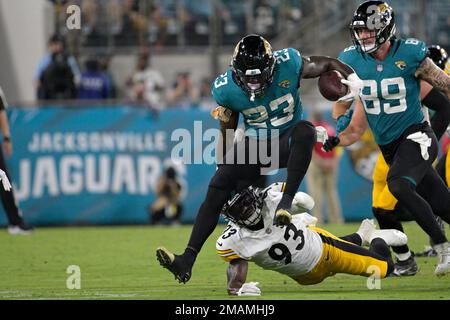 Pittsburgh Steelers linebacker Mark Robinson (93) works during the first  half of an NFL preseason football game against the Atlanta Falcons,  Thursday, Aug. 24, 2023, in Atlanta. The Pittsburgh Steelers won 24-0. (