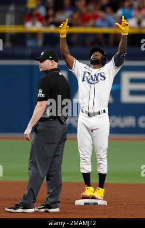 Tampa Bay Rays' Randy Arozarena reacts after hitting a double against the  New York Yankees during the third inning of a baseball game Saturday, Aug.  26, 2023 in St. Petersburg, Fla. (AP