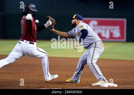 MILWAUKEE, WI - OCTOBER 05: Milwaukee Brewers first baseman Rowdy Tellez  (11) runs the bases during a game between the Milwaukee Brewers and the  Arizona Diamondbacks on October 5, 2022, at American Family Field, in  Milwaukee, WI. (Photo