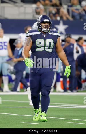 Seattle Seahawks defensive tackle Bryan Mone (90) prepares for the next  play during a preseason NFL Football game in Arlington, Texas, Friday, Aug.  27, 2022. (AP Photo/Michael Ainsworth Stock Photo - Alamy