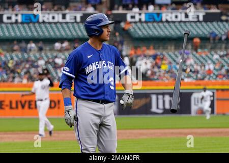 Kansas City Royals' Nick Pratto hits a sacrifice double play to score a run  during the first inning of a baseball game against the Detroit Tigers  Sunday, Sept. 11, 2022, in Kansas