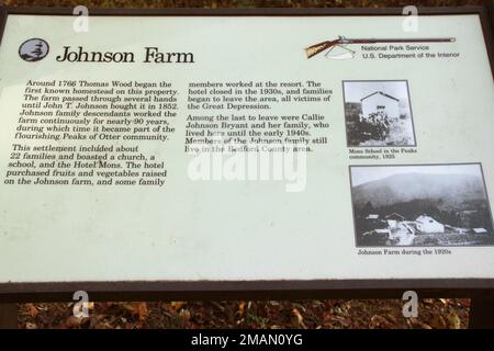 The historical Johnson Farm in Virginia's Blue Ridge Parkway, USA. Historical marker. Stock Photo