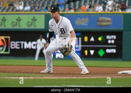 Detroit Tigers' Matt Vierling bats against the San Diego Padres during the  third inning of a baseball game Sunday, July 23, 2023, in Detroit. (AP  Photo/Duane Burleson Stock Photo - Alamy