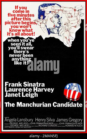 The Manchurian Candidate'. 1960s Film Movie Poster for the US theatrical release of the 1962 film 'The Manchurian Candidate'. The text reads: 'If you come in five minutes after this picture begins, you won't know what it's all about! when you've seen it all, you'll swear there's never been anything like it!' Date 1962 Starring Frank Sinatra Laurence Harvey Janet Leigh Angela Lansbury Stock Photo