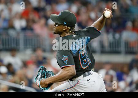Miami Marlins relief pitcher Huascar Brazoban pitches in the sixth inning  of a baseball game against the Atlanta Braves, Saturday, Sept. 3, 2022, in  Atlanta. (AP Photo/Bob Andres Stock Photo - Alamy