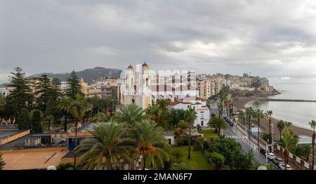 Ceuta, Spain - December 04, 2022: Panoramic view of the city of Ceuta, with its cathedral in the foreground Stock Photo