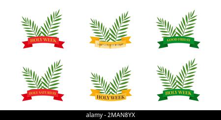 Christian banner Holy Week with a collection of icons about palm branches and ribbons. The concept of Easter and Palm Sunday. flat vector illustration. Vector illustration Stock Vector