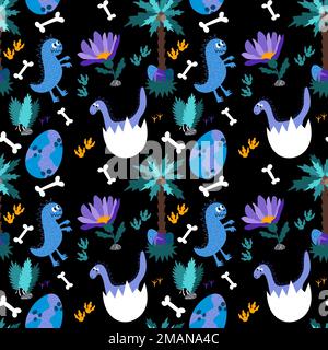 Cartoon animals seamless dinosaur monsters dragon eggs pattern for wrapping paper and kids clothes print Stock Photo