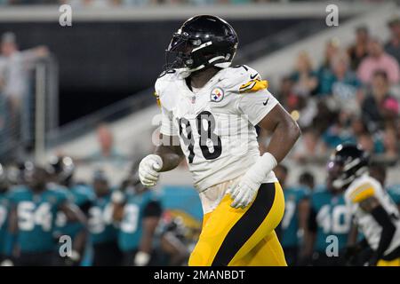 Pittsburgh Steelers defensive end DeMarvin Leal (98) sets up for a play  during the first half of a preseason NFL football game against the  Jacksonville Jaguars, Saturday, Aug. 20, 2022, in Jacksonville