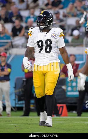 Pittsburgh Steelers defensive end DeMarvin Leal (98) sets up for a play  during the first half of a preseason NFL football game against the  Jacksonville Jaguars, Saturday, Aug. 20, 2022, in Jacksonville