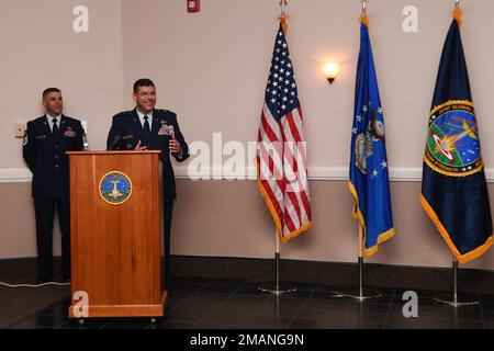 Maj. Gen. Andrew Gebara, 8th Air Force and Joint-Global Strike Operations Center commander, addresses the crowd at a change of command ceremony at Barksdale Air Force Base, La., June 1, 2022. A change of command is a military tradition that represents a formal transfer of authority and responsibility for a unit from one commanding or flag officer to another. Stock Photo