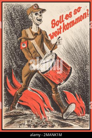 Anti-Nazi Sturmabteilung Propaganda SPD poster 'Soll es so weit kommen'  'Should it come to this' ?  submitted to the Hessian police office on May 27, 1932. It was to be used in the Hessian state election campaign  After the rise of the Nazi Party to power, the SPD was the only party present in the Reichstag to vote against the Enabling Act of 1933; the SPD was subsequently banned, and operated in exile as the Sopade.. 1932 Nazi Germany Stock Photo