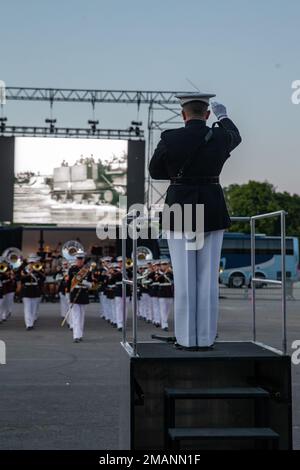 U.S. Marine Corps Chief Warrant Officer 2 Stephen Howell, a band officer with the 2d Marine Division Band, conducts during the Belgian Defence International Tattoo in Namur, Belgium, June 1, 2022. This five-day festival is the first Belgian International Tattoo, which was originally planned to commemorate the 75th Anniversary of the Liberation of Belgium in 2020, but was postponed due to COVID-19. Participating military bands include the Belgian, French, Polish and American bands. Stock Photo