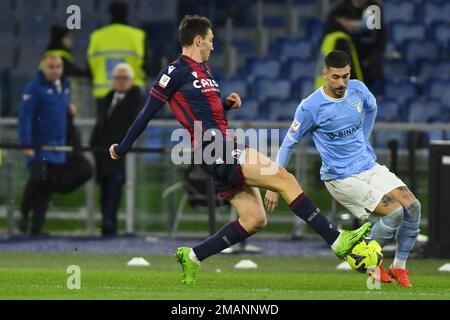 Rome, Italy. 19th Jan, 2023. Andrea Cambiaso of Bologna F.C. and Mattia Zaccagni of S.S. LAZIO during the Coppa Italia eighth of finals between S.S. Lazio vs Bologna F.C. on January 19, 2023 at the Stadio Olimpico, Rome, Italy. Credit: Independent Photo Agency/Alamy Live News Stock Photo
